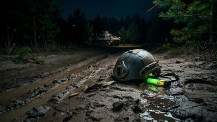 Fototapeta premium Military Helmet and Ammunition on Muddy Forest Road at Night with Tank in Background