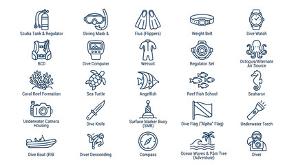 Professional diving gear and ocean activity line icons © muhammad