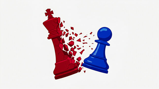 blue chess pawn smashing and shattering a large red king piece, symbolizing victory, disruption, and strategic breakthrough.