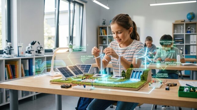 renewable energy concept, a happy girl building a model of solar panels, wind turbines, and hydropower in a modern science classroom with digital energy diagrams.