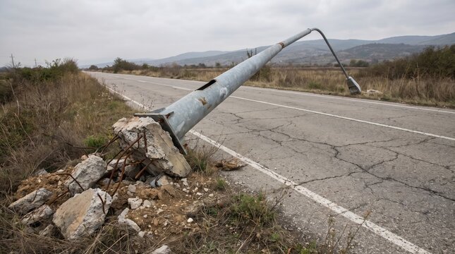 Infrastructure damage concept, a broken street light pole lying across a cracked asphalt road in a rural landscape.