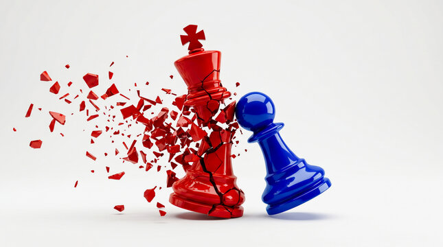 Conceptual 3D render of a glossy blue chess pawn smashing and shattering a large red king piece, symbolizing victory, disruption, and strategic breakthrough.
