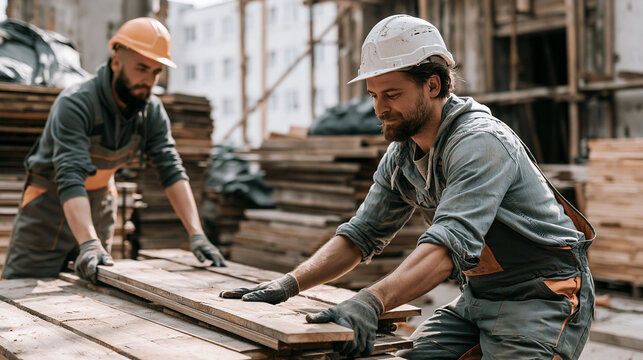 Two adult construction workers removing reusable timber boards during controlled deconstruction highlighting material recovery and circular building practice