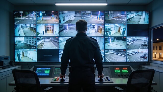 Rear view of operator analyzing live surveillance cameras in a security operations center.
