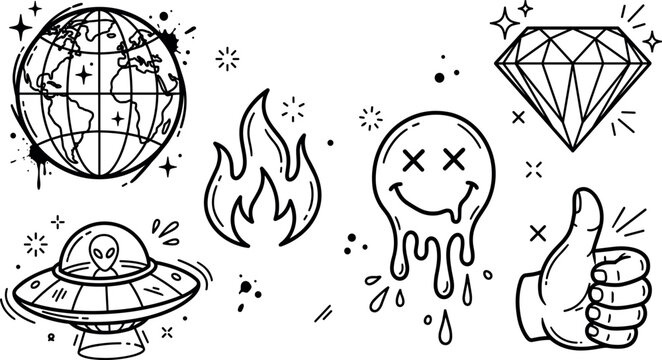 Hand drawn streetwear doodle vector element set with globe ufo flame melting smiley face diamond and thumbs up icons,