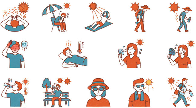 People Experiencing Heat Exhaustion and Staying Safe with Cooling and Hydration Icon Set Vector Illustration