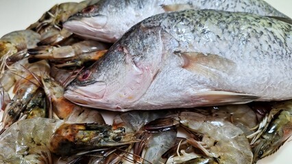Fototapeta premium Fresh raw fish and shrimps, seafood background, raw food ingredient for cooking.
