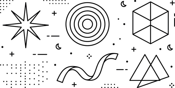 Geometric abstract Y2K vector elements set featuring starburst concentric circles hexagon cube wavy ribbon interlocking triangles and halftone dots