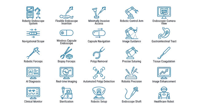 Robotic surgery and endoscopic medical equipment line icon set.