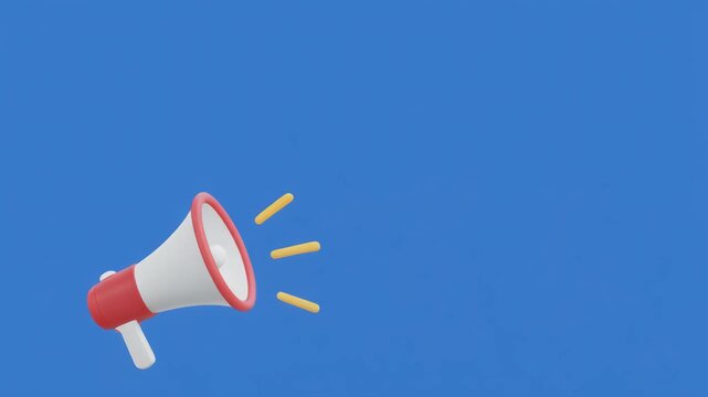 Multiple red and white megaphones announcing news on a blue background with motion