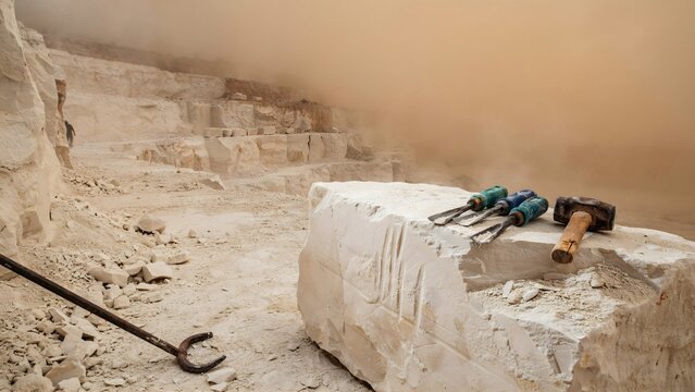 Stone Mason Worksite with Chisels and Hammer on Large Marble Block in Dusty Environment