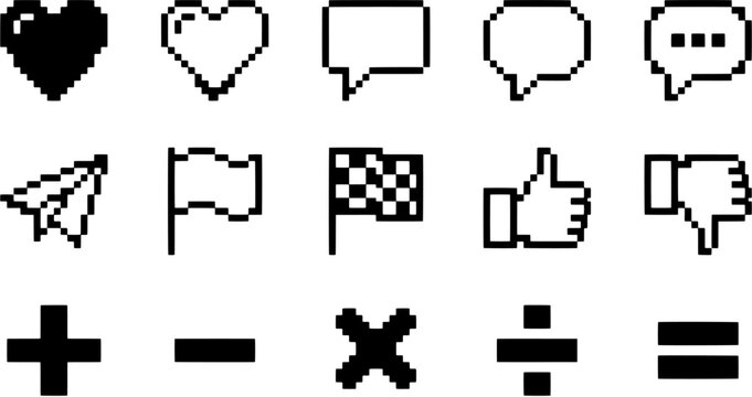 Pixel art icon set in a retro 8-bit style including heart, speech bubble, paper plane, flag, like and dislike symbols, and mathematical operators.