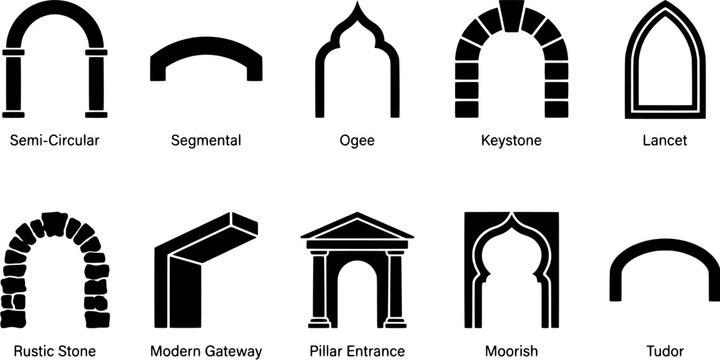 Architectural arch icon set in a flat black silhouette style including semicircular, segmental, ogee, keystone, lancet, rustic, and pillar designs.