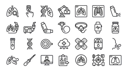 Fototapeta premium Respiratory health and pulmonary medicine line icon set