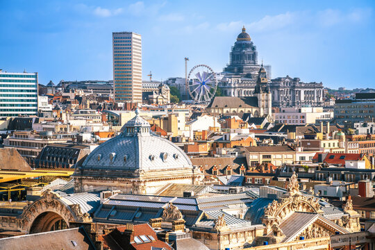 Brussels, Belgium. Scenic view of Brussels city center rooftops and landmarks