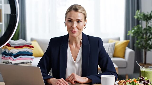 Professional woman livestreaming from home office with healthy food