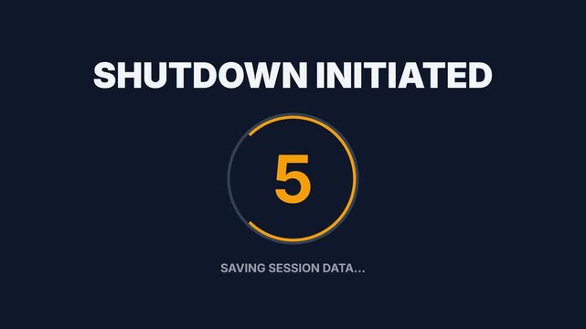 Dynamic digital shutdown sequence with animated orange countdown timer from ten to zero, displaying 'SHUTDOWN INITIATED' and 'SAVING SESSION DATA' on a dark blue background