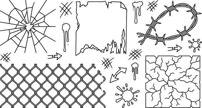 Grunge urban destruction vector elements set featuring broken glass cracked surface chainlink fence barbed wire and torn paper