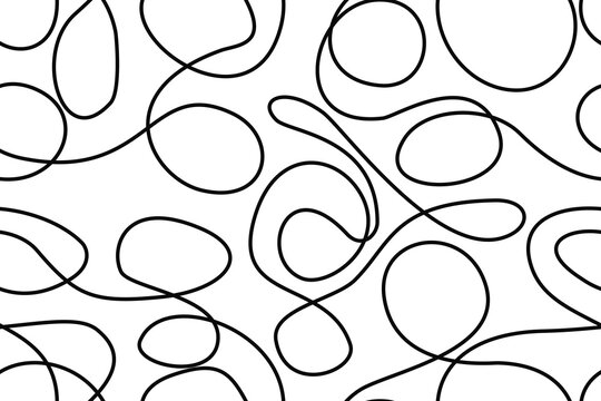 Seamless continuous line loopy pattern background. Black and white abstract loose loops and curvy swirl lines vector illustration. Minimalist line art pattern resembling free-motion quilting,