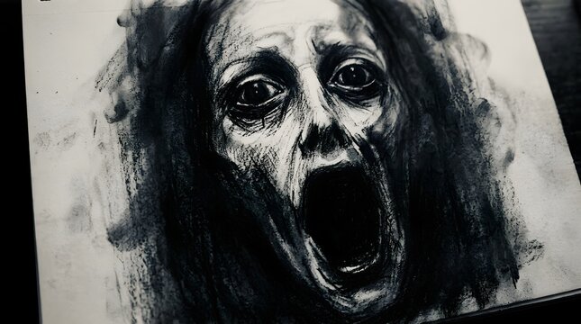 Charcoal drawing of a screaming face with a dark and haunting expression