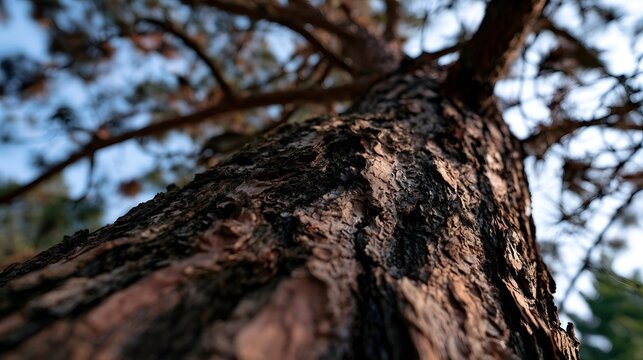 Close up of rugged tree bark with textured surface  branches extending upward against a soft blue sky background