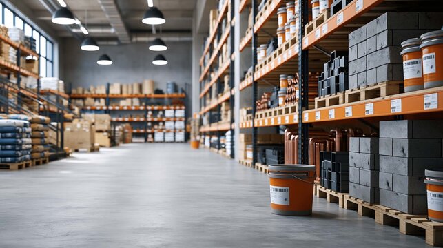 modern hardware store displaying cement, steel, copper pipes and construction supplies, business growth concept, realistic retail photography