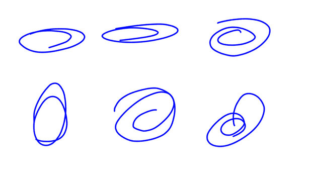 Handdrawn blue ink circular scribbles and loops isolated on transparent background