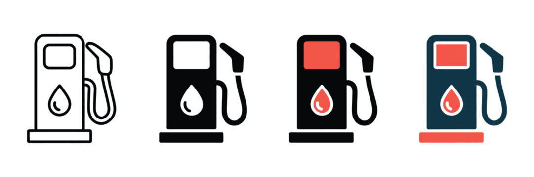 Gas station pump icons set, fuel dispenser vector symbols in line and flat styles, 4 petrol station graphics for energy and transport UI