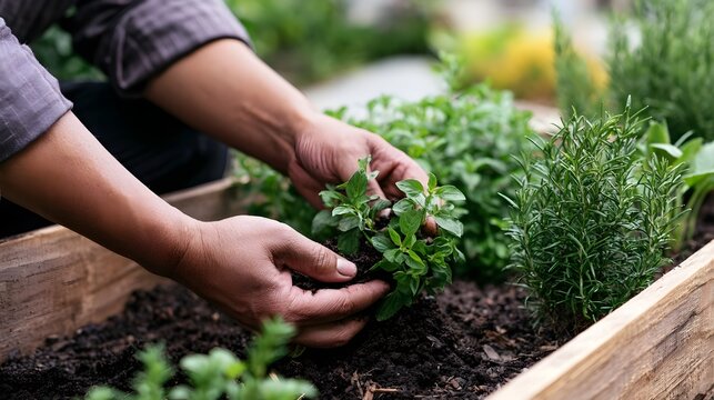A person s hands carefully planting small green herbs into rich dark soil within a wooden raised garden bed