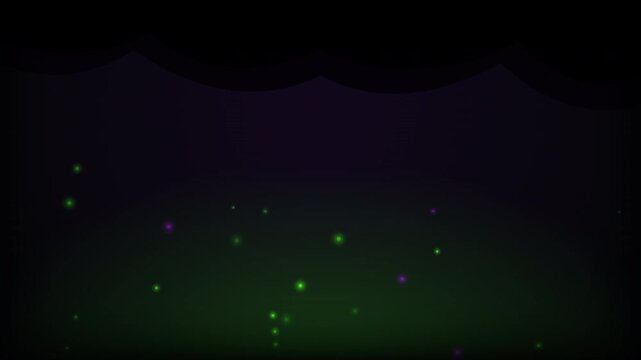 Abstract animation of green and purple glowing particles rising on a dark background