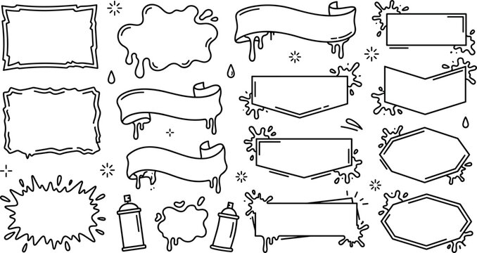 Hand drawn graffiti banner vector doodle set featuring ribbon scrolls melting text frames paint splatters and spray cans,