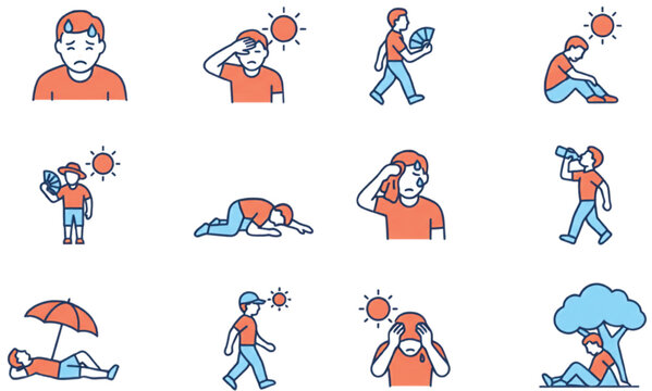 People showing heat exhaustion signs with hydration cooling shade and sun protection in a summer health icon set vector illustration
