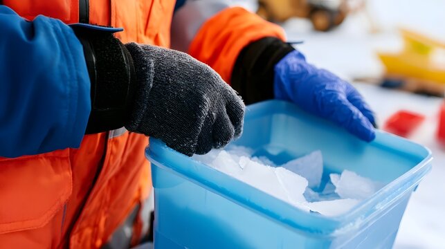 Person handling ice chunks in a blue container while wearing gloves and winter clothing in snowy environment
