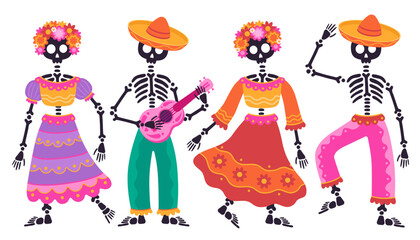 Fototapeta premium Dia de Los Muertos, Day of the Dead Mexican festival. Skeletons dressed in folk costumes playing guitar and dancing.