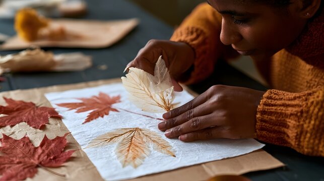 A person carefully placing a pressed leaf onto white paper to create a nature inspired artwork