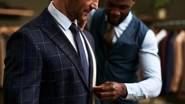 A man wearing a tailored suit while another person measures his jacket for fit and precision