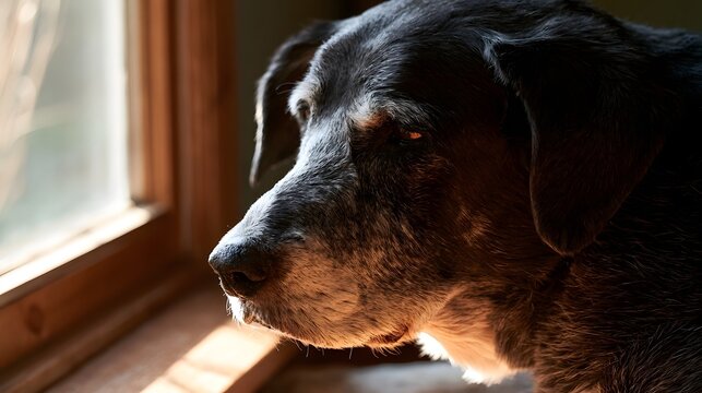 An older dog gazes thoughtfully out a wooden framed window bathed in warm sunlight  showing calm and quiet contemplation