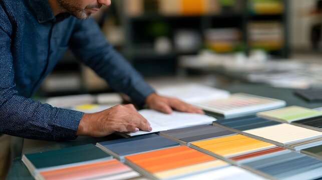 A person examining color swatches on a table for design or construction purposes in an indoor setting