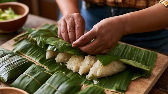 Hands carefully wrapping sticky rice in large green banana leaves on a wooden cutting board