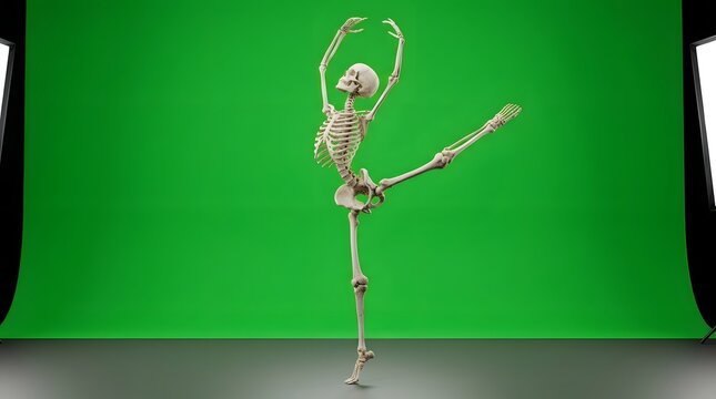 Human skeleton performing a ballet pose against a green screen background