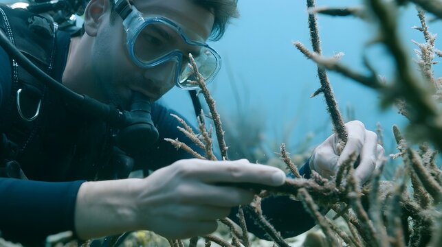 A scuba diver carefully handles coral branches underwater  focused on marine conservation work
