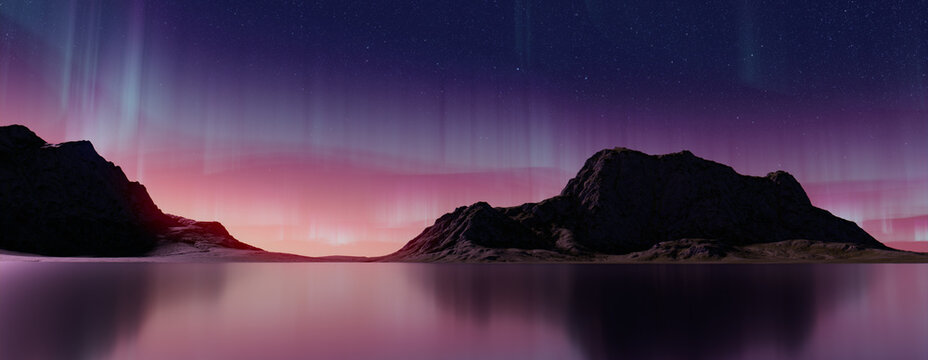 Rugged Landscape with Aurora Borealis. Blue Sky Background with copy-space.