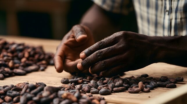 Close up of hands sorting dark brown cocoa beans on a wooden surface with warm lighting and detailed texture
