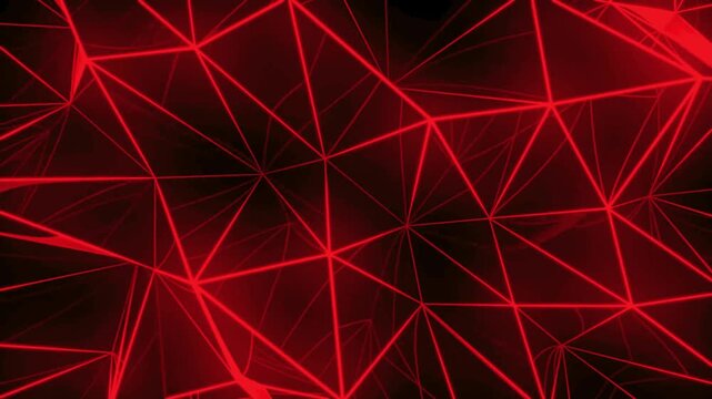 Cinematic technological background with pulsing red geometric mesh structure.
