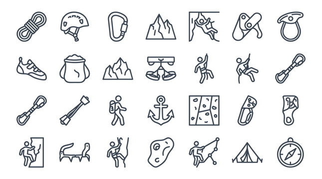 Rock climbing mountaineering and outdoor adventure equipment icons.