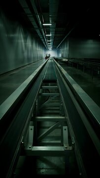 Empty Roller Coaster Track in Underground Tunnel with Lights and Shadows
