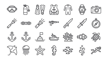 Scuba diving and underwater exploration line icons set. © muhammad