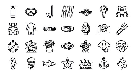 Scuba diving and underwater marine life icon collection. © muhammad