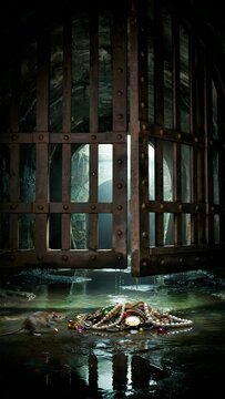 Dropped jewelry and trinkets inside a dark, open security cage with water reflection and a misty forest background