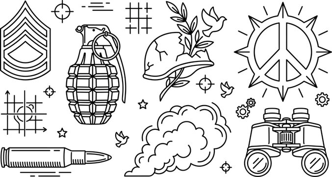 Military war and peace vector elements set featuring hand grenade helmet with olive branch binoculars bullet and peace symbol